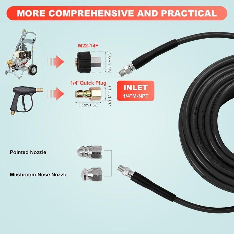 Aleiry Sewer Jetter Kit for Pressure Washer, Water Jet Drain Cleaning Hose with Pionter Button Nose Nozzle 1/4" NPT Sewer Cleaning Tool High-Pressure Nozzles,5800 PSI 25 FT - Image 3